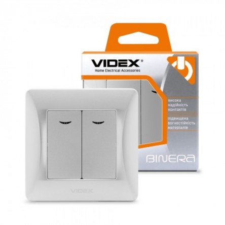 VIDEX BINERA Выключатель 2кл с подсветкой серебряный шёлк