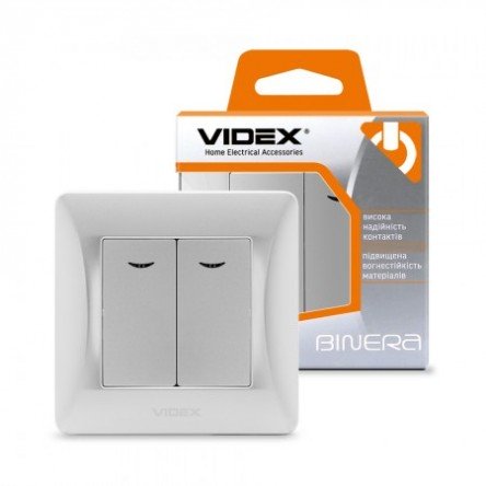 VIDEX BINERA Выключатель 2кл с подсветкой серебряный шёлк