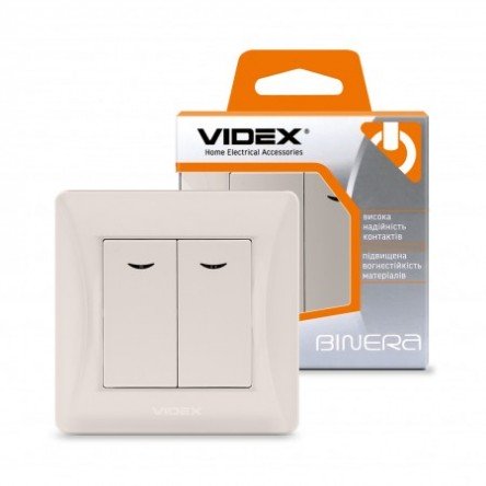 VIDEX BINERA Выключатель 2кл с подсветкой серебряный шёлк