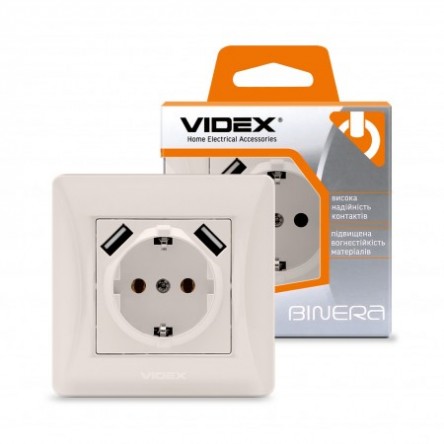 VIDEX BINERA Розетка кремовая 1ая с заземлением и 2USB