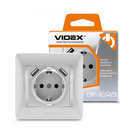VIDEX BINERA Розетка 1ая с заземлением и 2USB серебряный шёлк