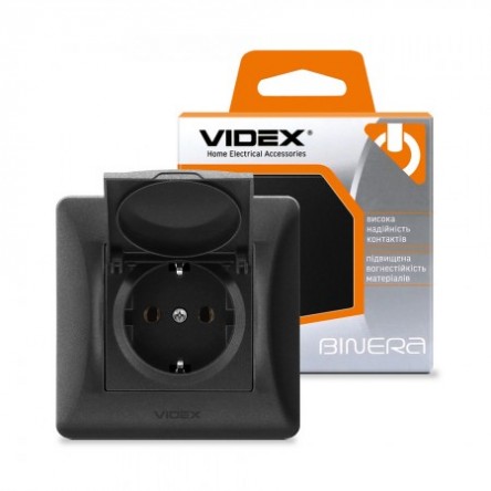 VIDEX BINERA Розетка черный графит 1ая с заземлением и крышкой