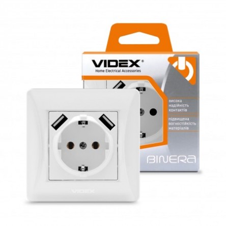 VIDEX BINERA Розетка 1ая с заземлением и 2USB серебряный шёлк