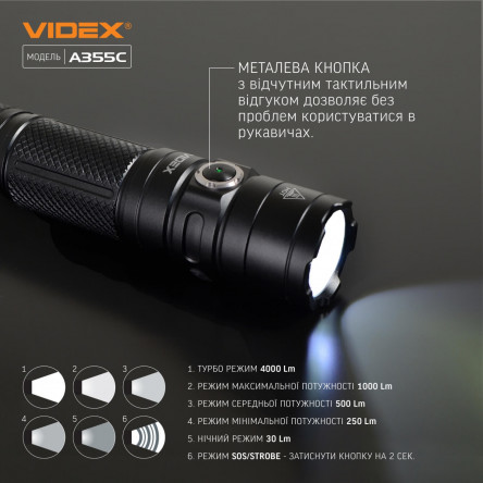 Портативный светодиодный фонарик A406 VIDEX 4000Lm 6500K