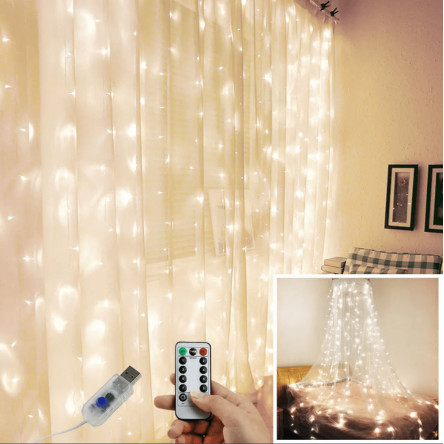 Гірлянда Штора 300 LED 3м*3м + пульт ДУ та USB, тепле біле світло